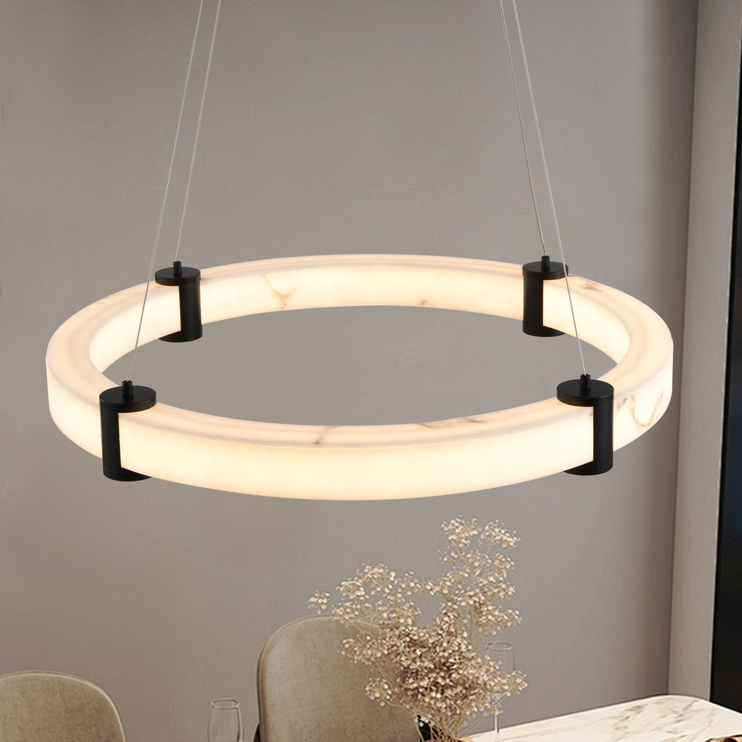 Modern LED Pendant Light, 23.6-Inch Round Hanging Chandelier with Adjustable Height, Imitation Marble Finish Resin Ring, Dimmable Ceiling Light for Dining Room, Kitchen Island, Living Room