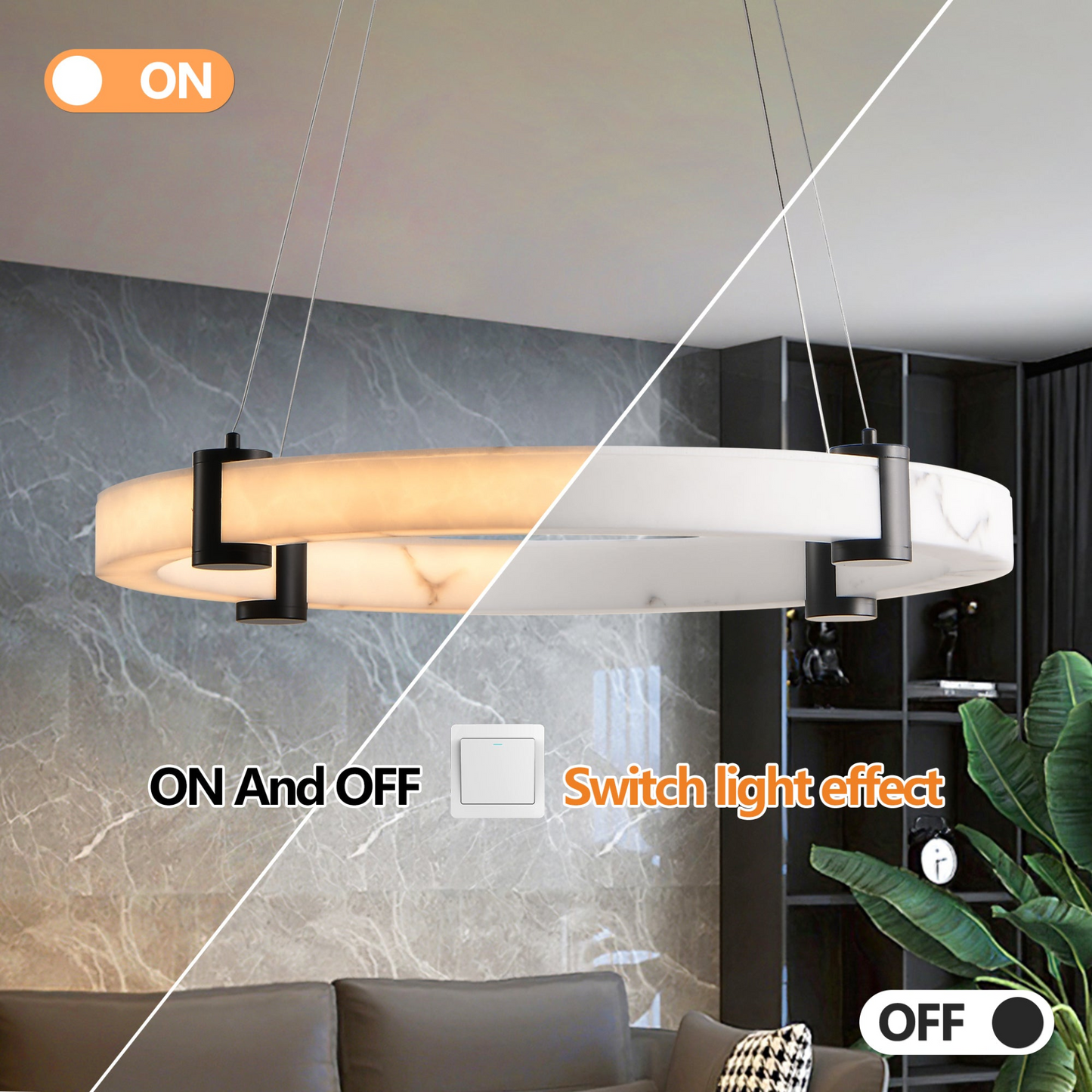 Modern LED Pendant Light, 23.6-Inch Round Hanging Chandelier with Adjustable Height, Imitation Marble Finish Resin Ring, Dimmable Ceiling Light for Dining Room, Kitchen Island, Living Room