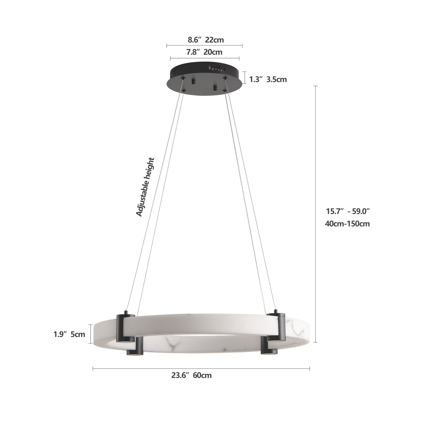 Modern LED Pendant Light, 23.6-Inch Round Hanging Chandelier with Adjustable Height, Imitation Marble Finish Resin Ring, Dimmable Ceiling Light for Dining Room, Kitchen Island, Living Room