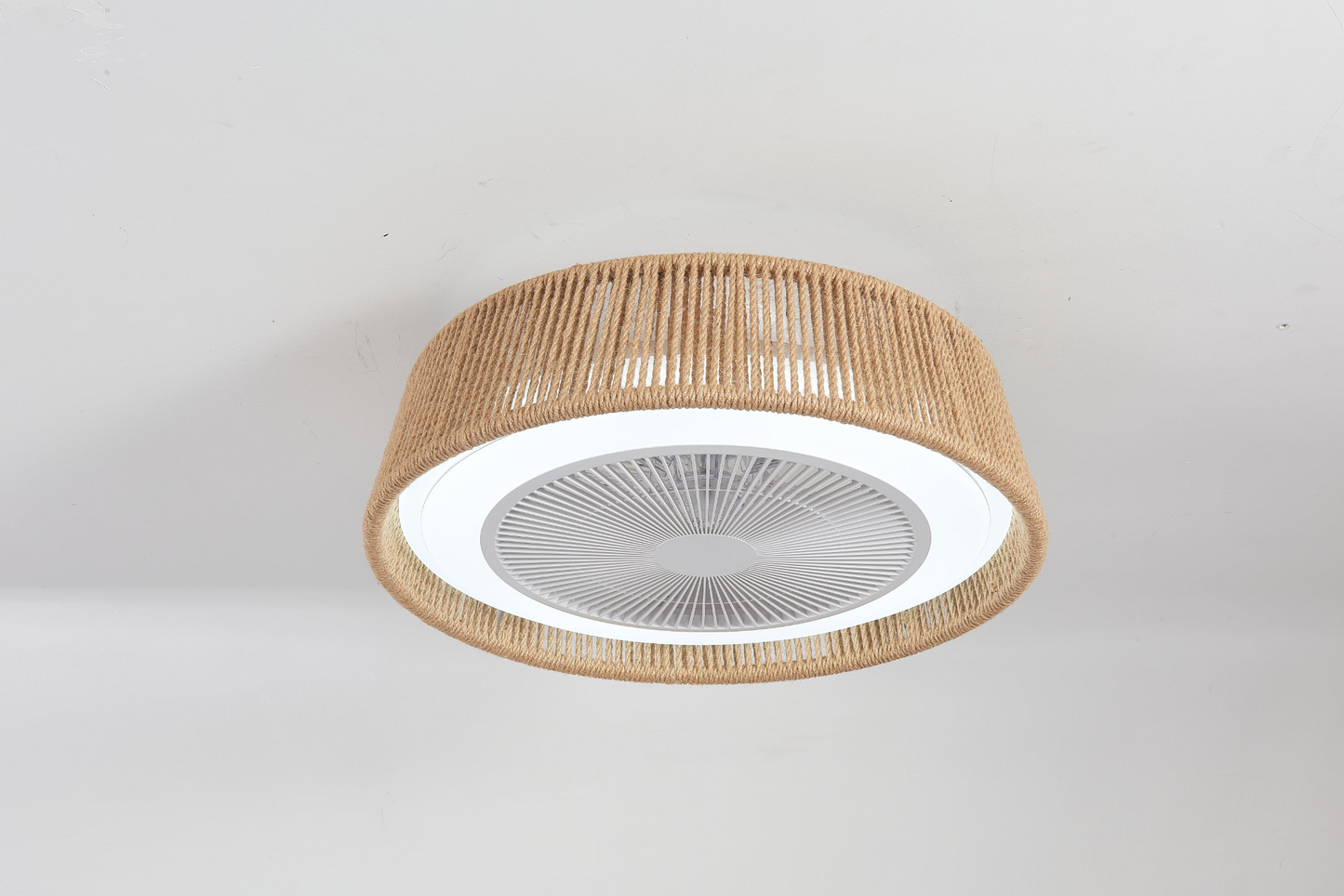Modern Rustic Ceiling Fan Light with LED RGB Mood Lighting, Rope Woven Design, Quiet Fan, Semi Flush Mount for Bedroom, Living Room, or Dining Room