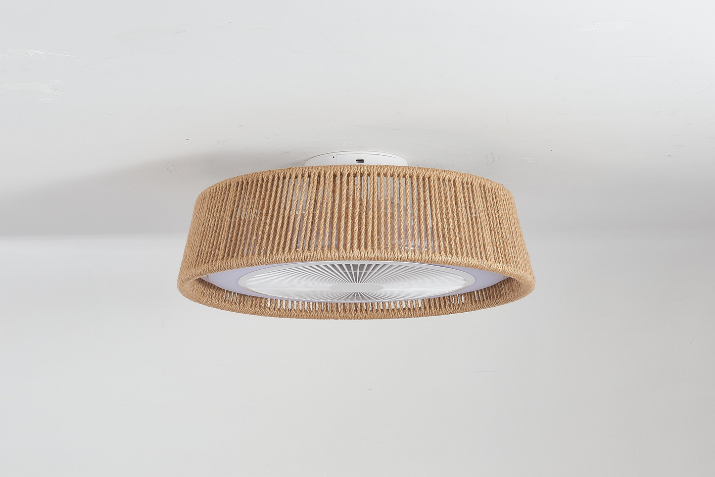 Modern Rustic Ceiling Fan Light with LED RGB Mood Lighting, Rope Woven Design, Quiet Fan, Semi Flush Mount for Bedroom, Living Room, or Dining Room
