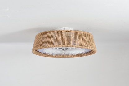 Modern Rustic Ceiling Fan Light with LED RGB Mood Lighting, Rope Woven Design, Quiet Fan, Semi Flush Mount for Bedroom, Living Room, or Dining Room