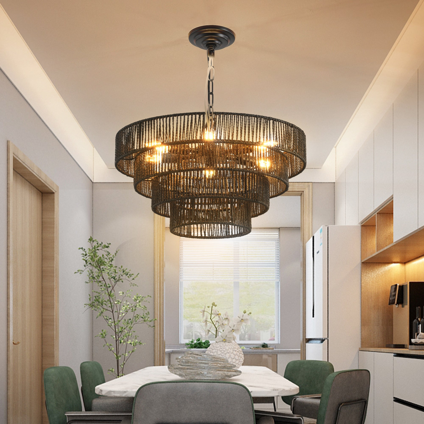 Rustic 4-Tier Black Hemp Rope Chandelier with 6 E12 Sockets, UL Listed Hardwired Pendant Light, Handmade Tiered Boho Ceiling Light Fixture for Dining Room, Kitchen, or Foyer (Bulb Not Included)