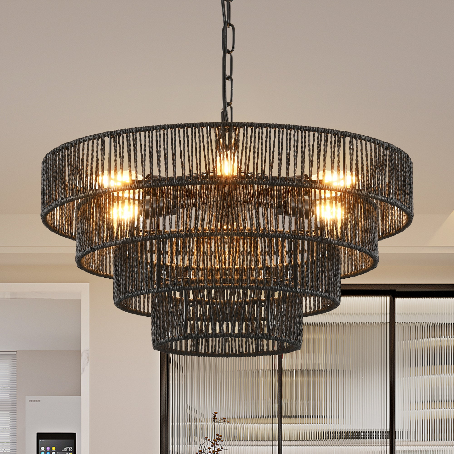 Rustic 4-Tier Black Hemp Rope Chandelier with 6 E12 Sockets, UL Listed Hardwired Pendant Light, Handmade Tiered Boho Ceiling Light Fixture for Dining Room, Kitchen, or Foyer (Bulb Not Included)
