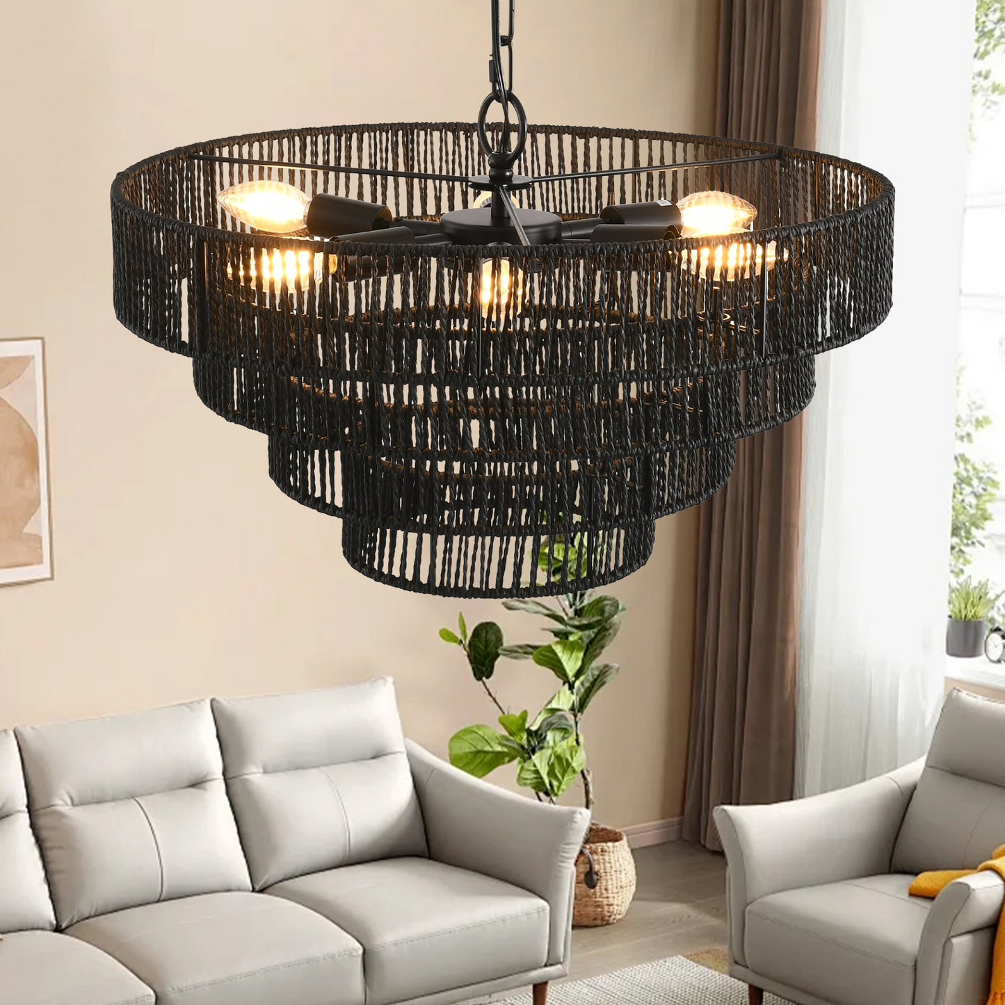 Rustic 4-Tier Black Hemp Rope Chandelier with 6 E12 Sockets, UL Listed Hardwired Pendant Light, Handmade Tiered Boho Ceiling Light Fixture for Dining Room, Kitchen, or Foyer (Bulb Not Included)