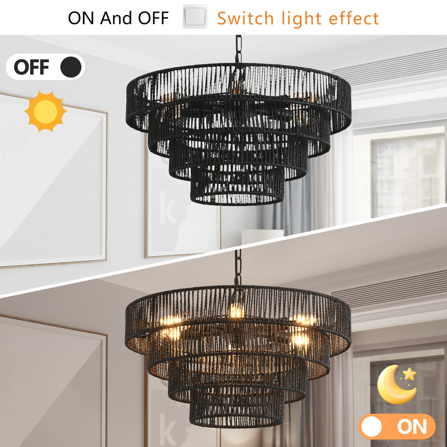 Rustic 4-Tier Black Hemp Rope Chandelier with 6 E12 Sockets, UL Listed Hardwired Pendant Light, Handmade Tiered Boho Ceiling Light Fixture for Dining Room, Kitchen, or Foyer (Bulb Not Included)