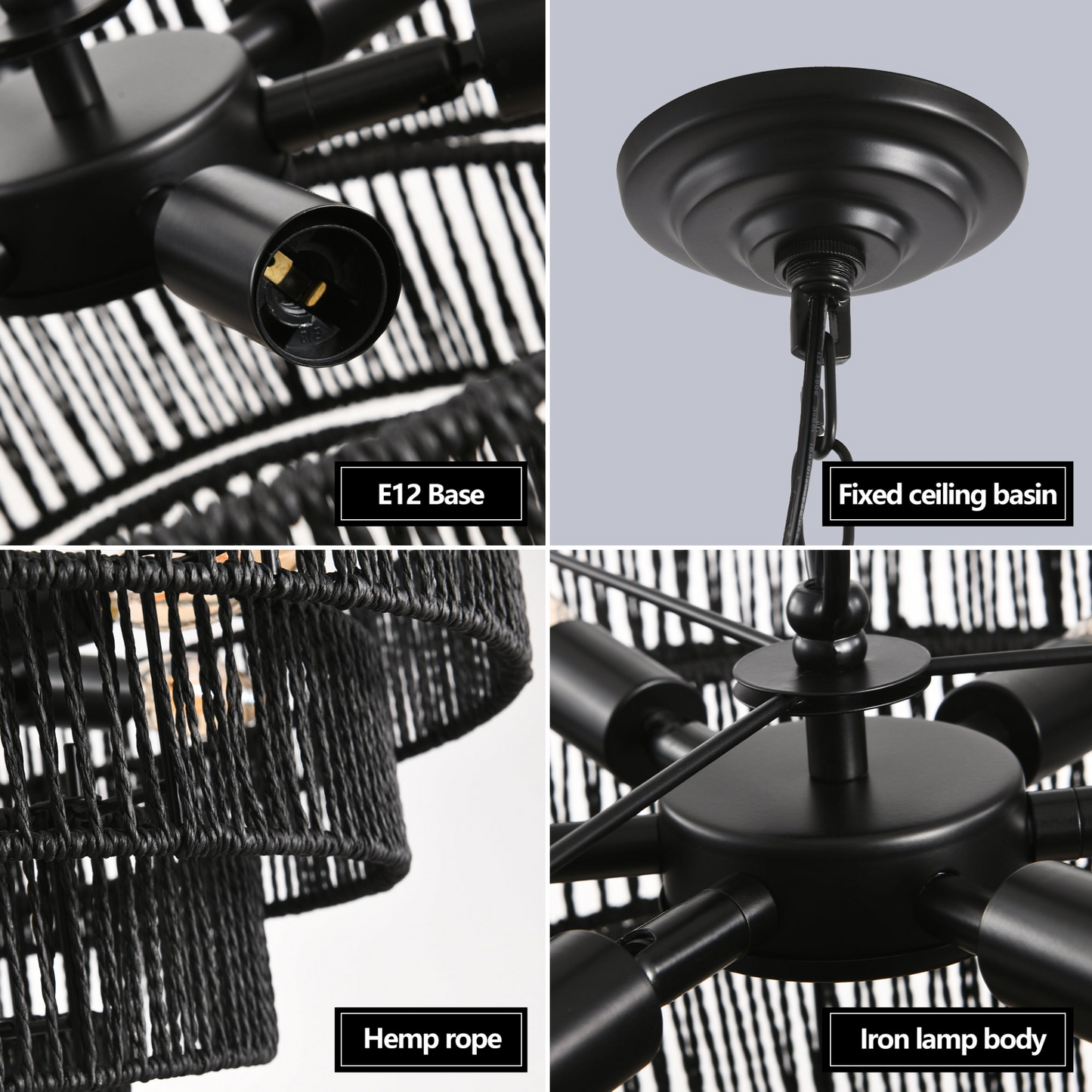 Rustic 4-Tier Black Hemp Rope Chandelier with 6 E12 Sockets, UL Listed Hardwired Pendant Light, Handmade Tiered Boho Ceiling Light Fixture for Dining Room, Kitchen, or Foyer (Bulb Not Included)
