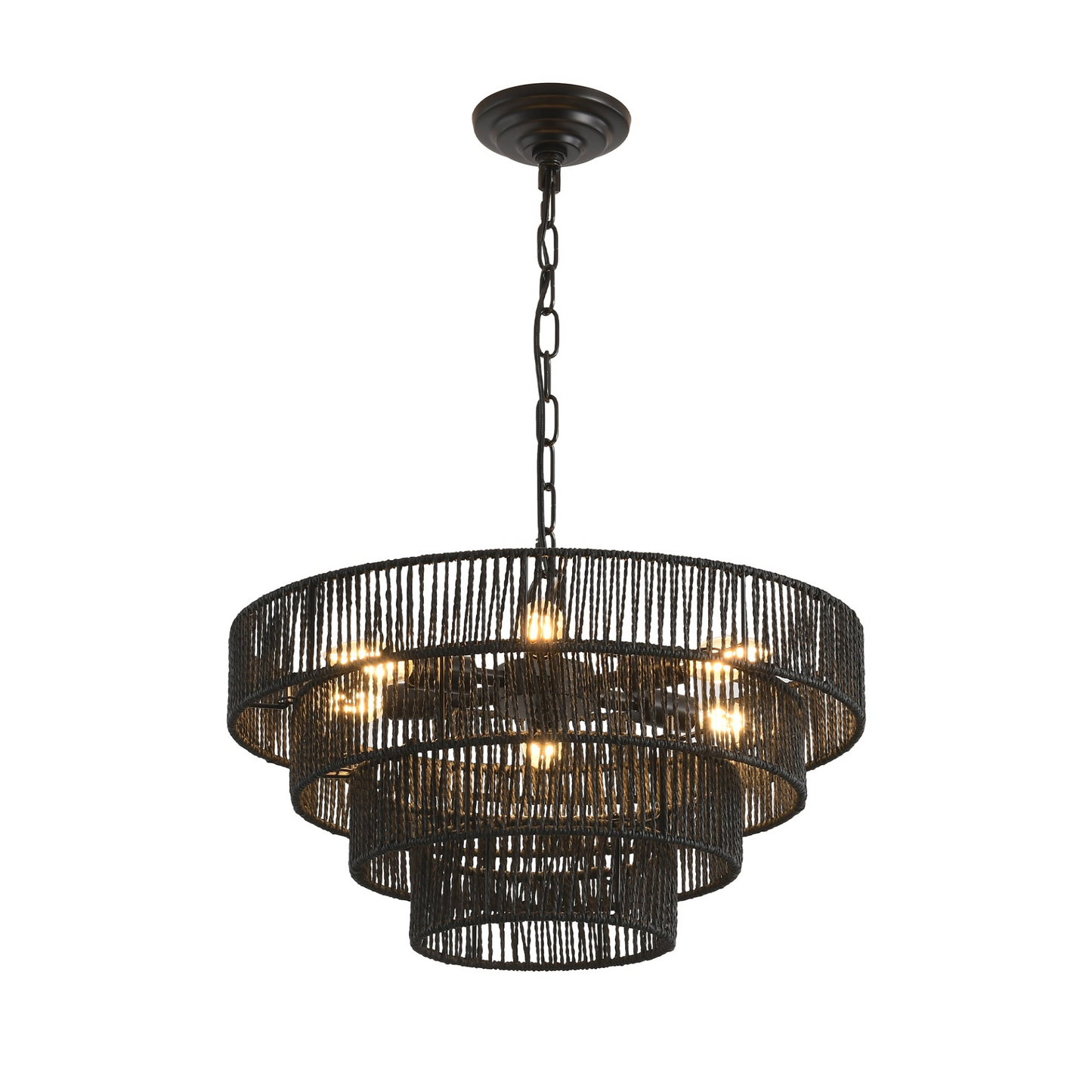 Rustic 4-Tier Black Hemp Rope Chandelier with 6 E12 Sockets, UL Listed Hardwired Pendant Light, Handmade Tiered Boho Ceiling Light Fixture for Dining Room, Kitchen, or Foyer (Bulb Not Included)