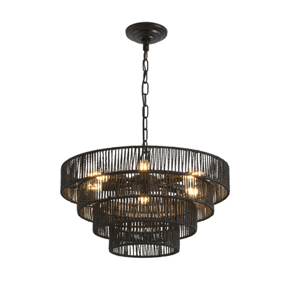 Rustic 4-Tier Black Hemp Rope Chandelier with 6 E12 Sockets, UL Listed Hardwired Pendant Light, Handmade Tiered Boho Ceiling Light Fixture for Dining Room, Kitchen, or Foyer (Bulb Not Included)
