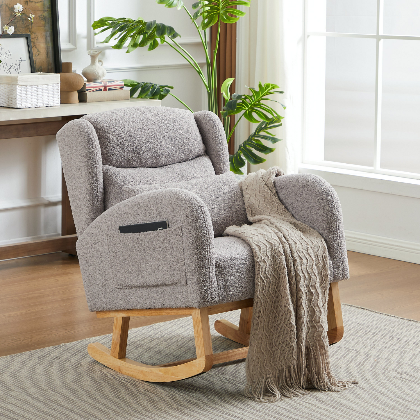 27.2"W Modern Accent High Backrest Living Room Lounge Arm Rocking Chair, Two Side Pocket