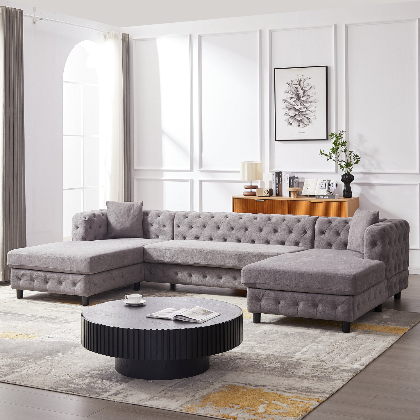 126-inch Modern Style Chenille Three Piece Sofa, Pull Point Design U-shaped Sofa two Chaise Longue Seats, two Pillows and Plastic Feet, Suitable for Living room, Bedroom, Lounge and Projection Room