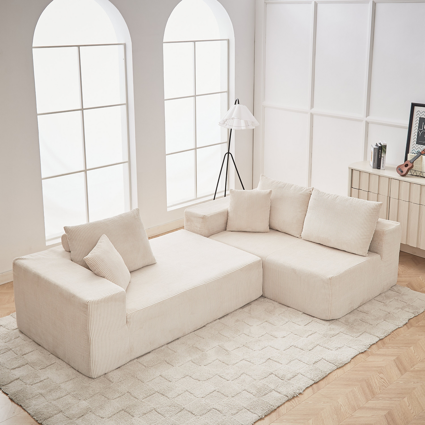 Modern Corduroy Upholstered Sectional Sofa Couch Set,Modular 108" L Shaped Sectional Living Room Sofa Set With 5 Pillows,Free Combination Sofa Couch for Living Room,Bedroom(Right Chaise)