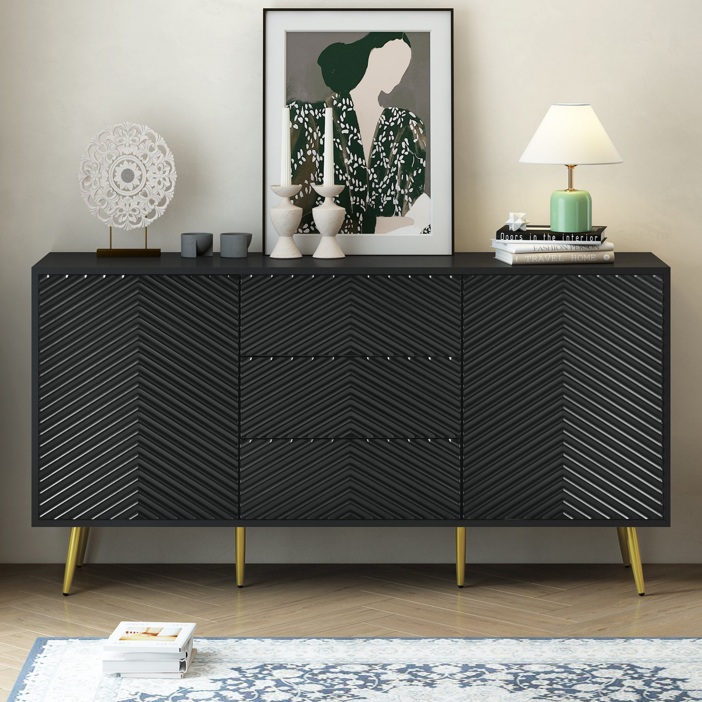 Modern Sideboard with Geometric Line Design, Conical Metal Legs, and Central Drawers for Stylish Storage, Suitable for Study, Entryway and Living Room