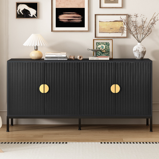 Exquisite Vertical-Striped Four-Door Sideboard with Sturdy Metal Legs and Semi-Circular Handles, Suitable for Study, Entryway and Living Room