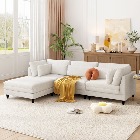 Modern Modular Sectional Sofa with Movable Ottoman, 110 Inch 4 Seat  Sofa Set with 5 pillows, Unique Piping Stitch Design, Convertible L-Shaped Sofa for Living Room, Office & Spacious Rooms