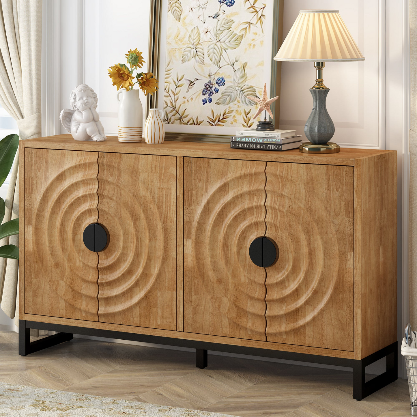 Storage Cabinet Sideboard Wooden Cabinet with Stunning Water Wave Door Design, Rubberwood Veneer and Adjustable Shelves,Suitable for Living Rooms, Entrance and Study Rooms