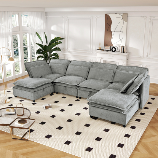 Double-Layer Cushion Modern Large U-Shaped Modular Sofa, Freely Combinable 6-Seater with Storage Function, Convertible to Sofa Bed, Perfect for Living Rooms, Offices, and Apartments