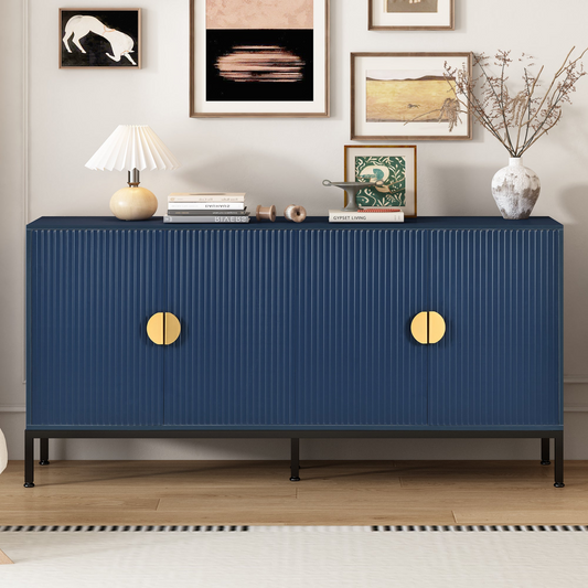 Exquisite Vertical-Striped Four-Door Sideboard with Sturdy Metal Legs and Semi-Circular Handles, Suitable for Study, Entryway and Living Room