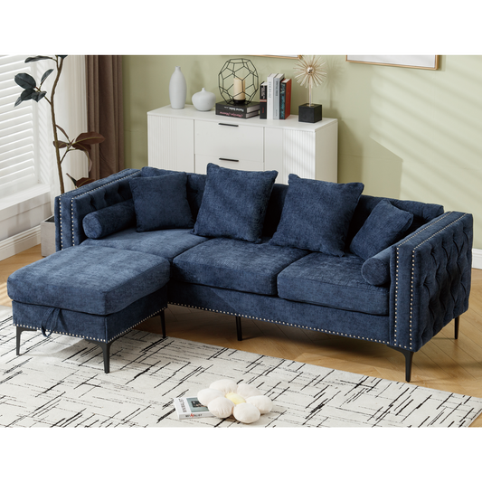 L Shaped Sectional Sofa , Convertible Storage Ottoman,Chenille ,Square Arm,  Modern Tufted Couch ,3 Seater,  And Nailhead,Blue