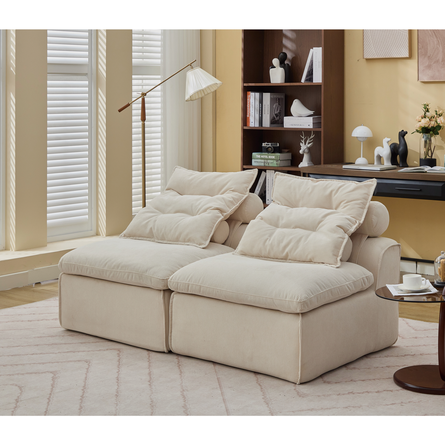 Modular Sofa,No Armrests,At will DIY,Soft Corduroy Fabric,Neck Pillow-Back Lounge Sofa Chair,Reading Nook, or Apartment Living, Lumbar Pillow,2 Seats,Upholstered,Beige