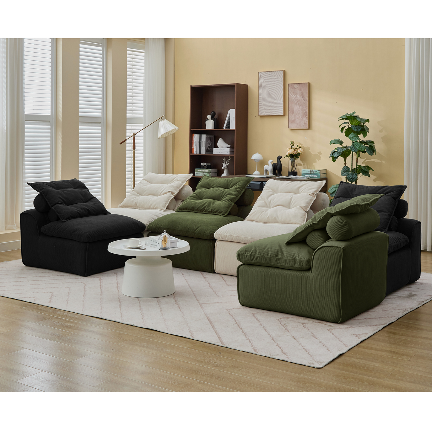 Modular Sofa,No Armrests,At will DIY,Corduroy ,Neck Pillow-Back Lounge Sofa Chair,Reading Nook, or Apartment Living, Lumbar Pillow,6 Seats,Upholstered,Beige,Green ,Black