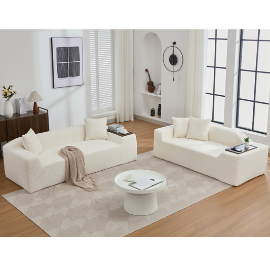 2 Piece Boucle Cloud Sofa Set, Upholstered Sofa Set, Modern 3 Seater and 2 Seater Sofa  with MDF End Table for Living Room ,Apartment,3+2 couch,Boucle,Beige