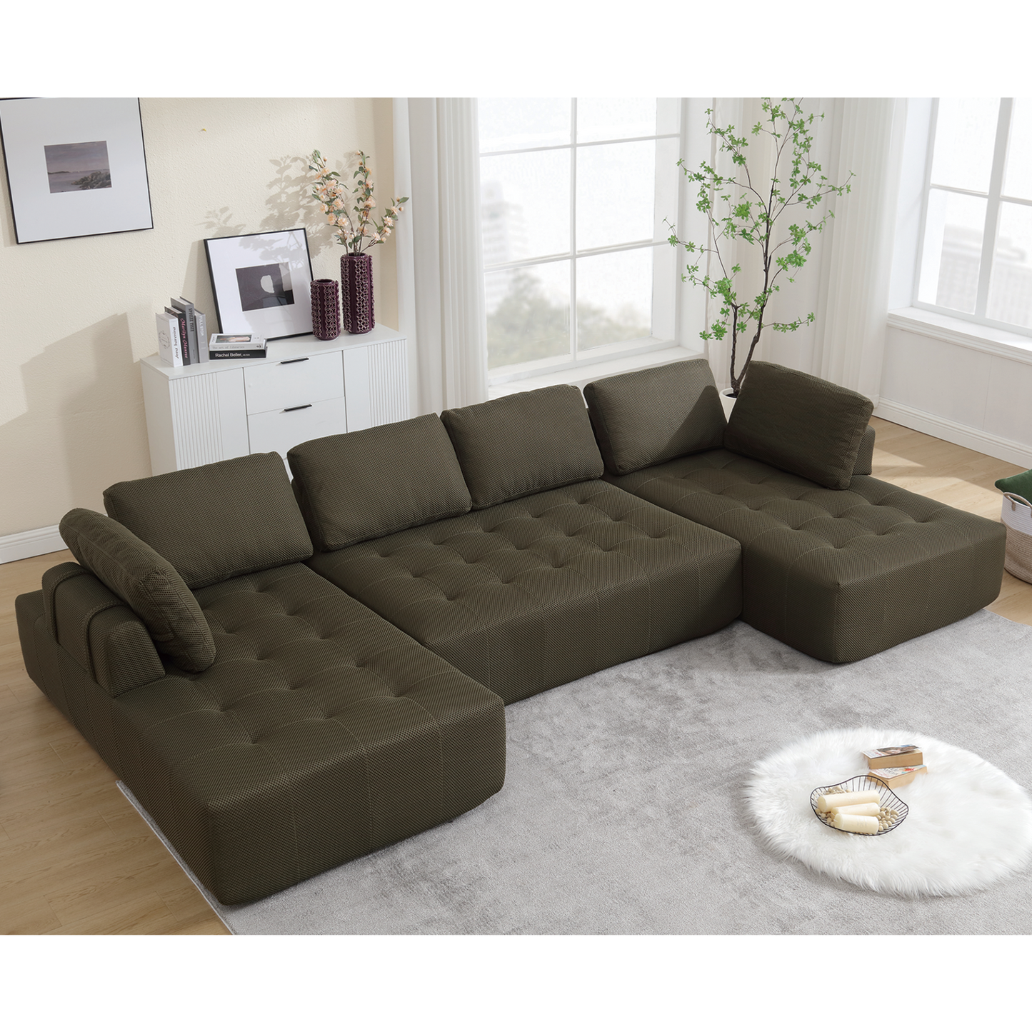 138.5 "Modular Combination Sofa, U-shaped Sofa, Living Room, Apartment, Upholstered ,6-seat Sofa, Free Combination Sofa (Mesh Fabric), Breathable Fabric,Green