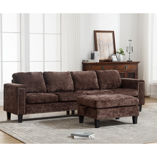 5 Seat Modular Sofa,with Storage Ottoman, Convertible Sectional Sofa, L Shaped Couch ,  Reversible Chaise ,Riveted sofa,Chenille,  Brown