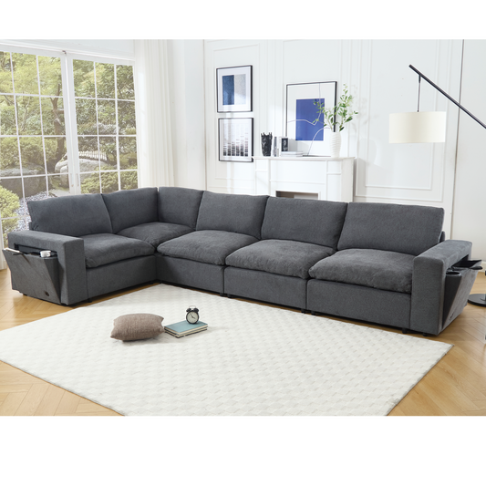 Sectional Couches For Living Room,Modular Couch,Wireless Charging Port & Cup Holders,5-seat ,DIY Combination,L-shaped Sofa,Book Storage Space,Soft Linen Fabric,Gray