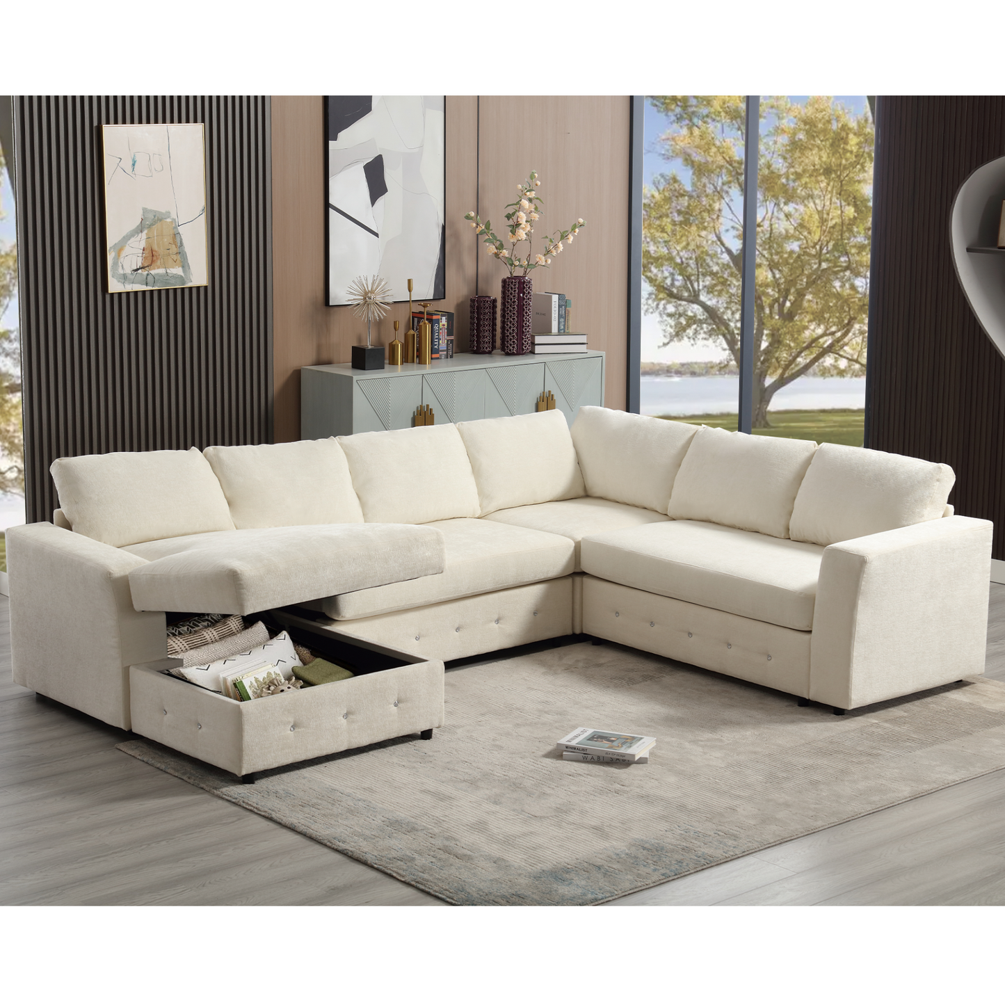110.75" Sectional Sofa,Oversized modular sofa,Chaise Storage, Modern U Shaped  Couch , Upholstered Sofas,Chenille,Crystal button , Living Room, Apartment,  Beige