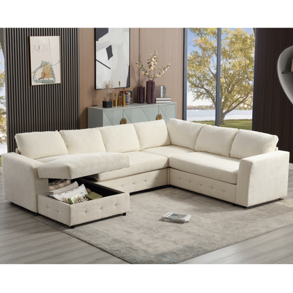 110.75" Sectional Sofa,Oversized modular sofa,Chaise Storage, Modern U Shaped  Couch , Upholstered Sofas,Chenille,Crystal button , Living Room, Apartment,  Beige
