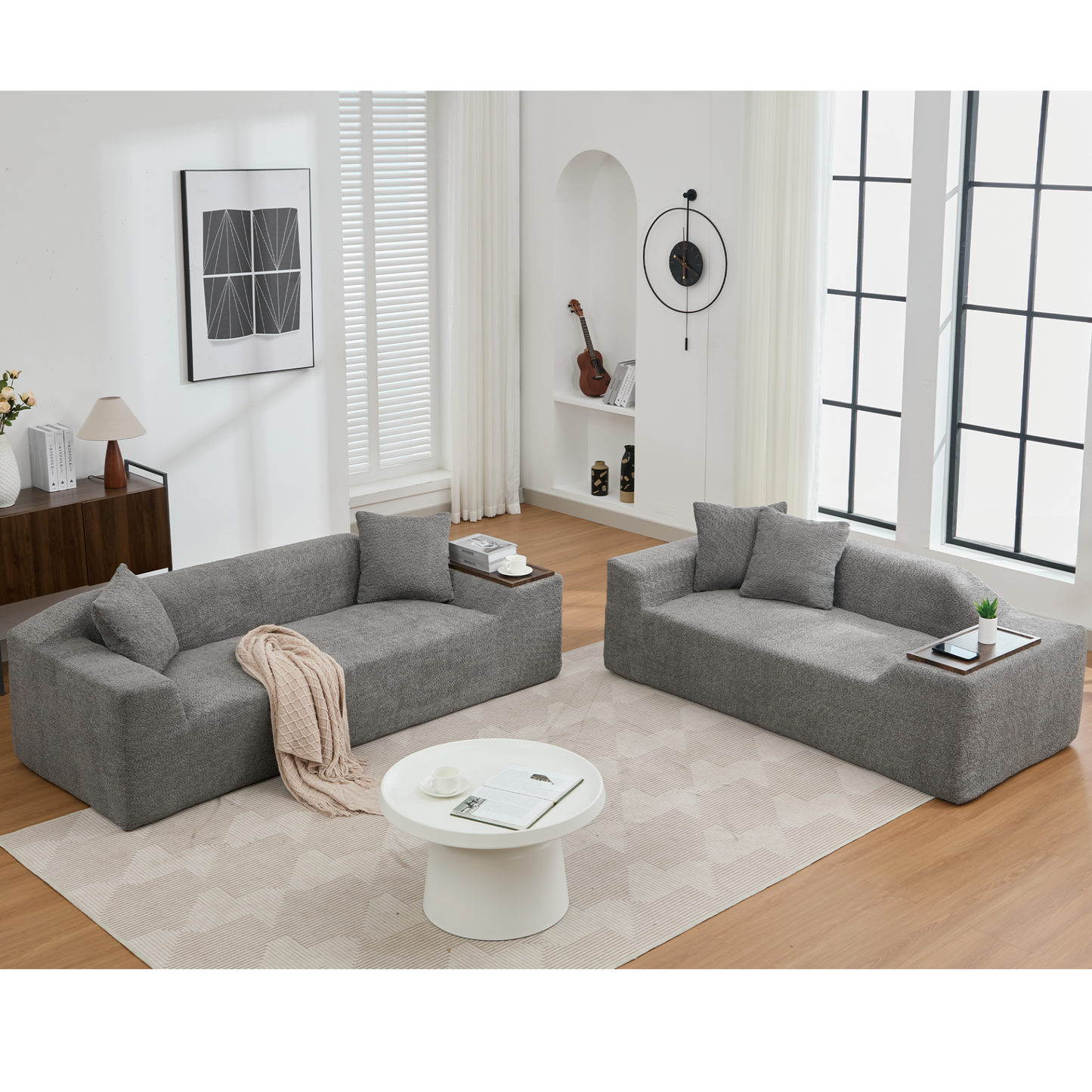 2 Piece Boucle Cloud Sofa Set, Upholstered Sofa Set, Modern 3 Seater and 2 Seater Sofa with MDF End Table for Living Room ,Apartment,3+2 couch,Boucle,Dark Gray