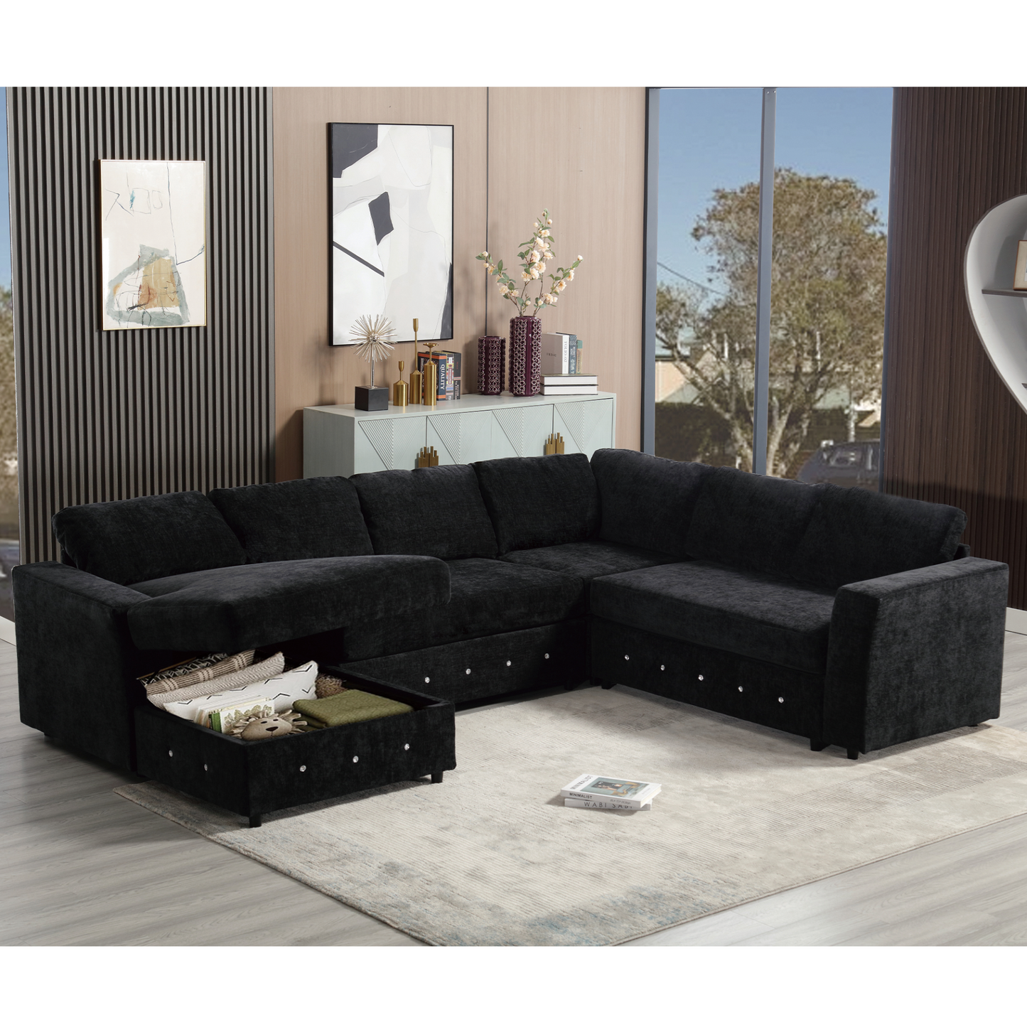 110.75" Sectional Sofa,Oversized modular sofa,Chaise Storage, Modern U Shaped  Couch , Upholstered Sofas,Chenille,Crystal button , Living Room, Apartment, Black