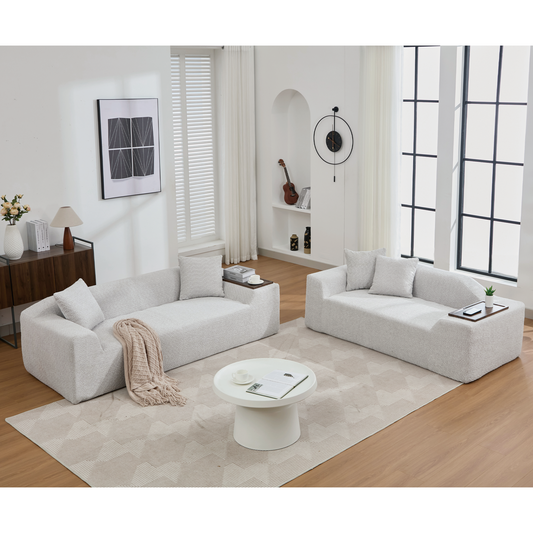 2 Piece Boucle Cloud Sofa Set, Upholstered Sofa Set, Modern 3 Seater and 2 Seater Sofa  with MDF End Table for Living Room ,Apartment,3+2 couch,Boucle, Light Gray
