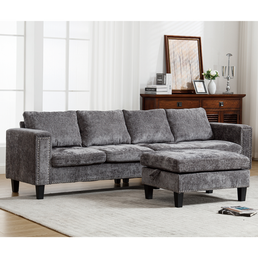 5 Seat Modular Sofa,with Storage Ottoman, Convertible Sectional Sofa, L Shaped Couch ,  Reversible Chaise ,Riveted sofa,Chenille,  Gray