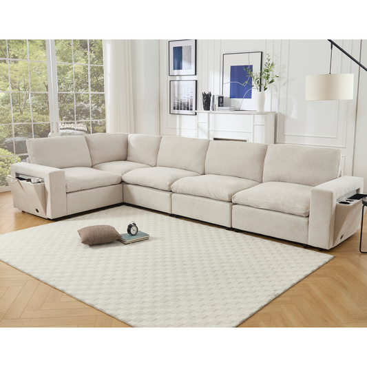 Sectional Couches For Living Room,Modular Couch,Wireless Charging Port & Cup Holders,5-seat ,DIY Combination,L-shaped Sofa,Book Storage Space,Soft Linen Fabric,Beige