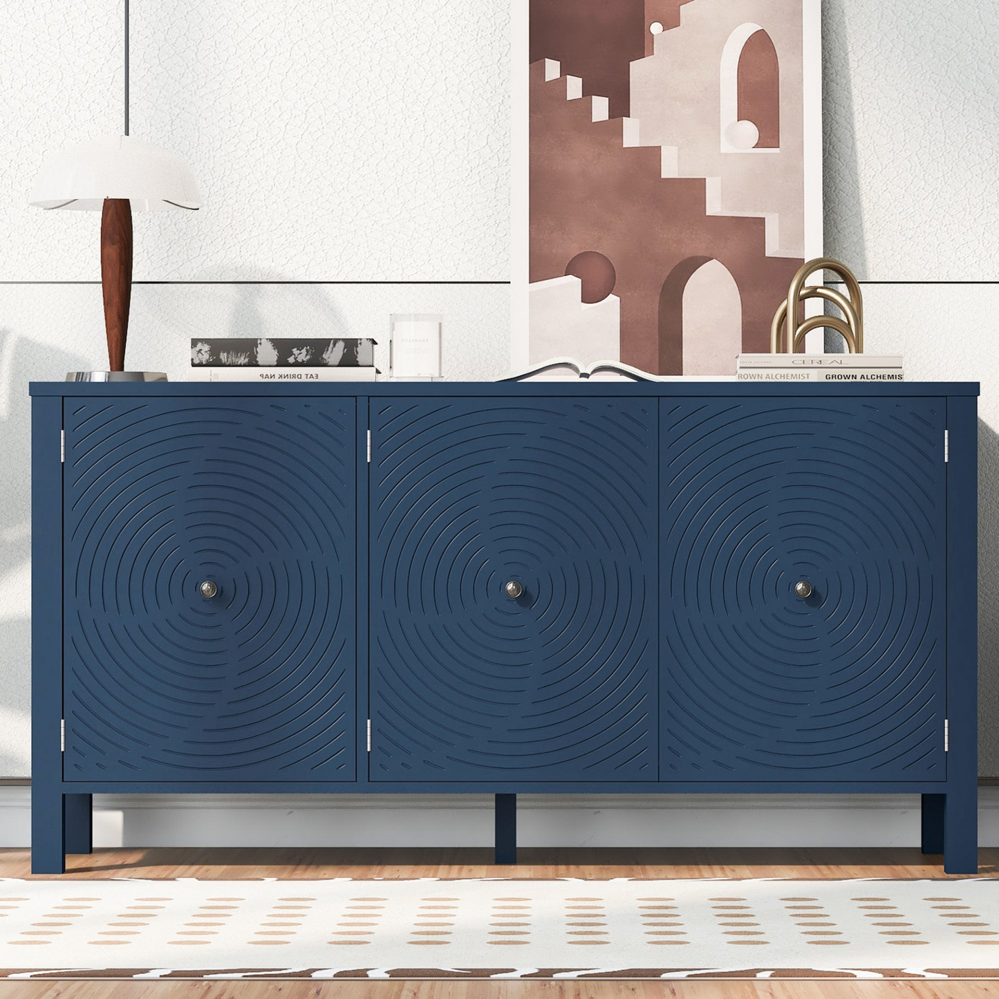Sideboard with Curved Swirl Patterned Doors and Artistic Three-Door Design,Suitable for Living Rooms,Entrance and Study