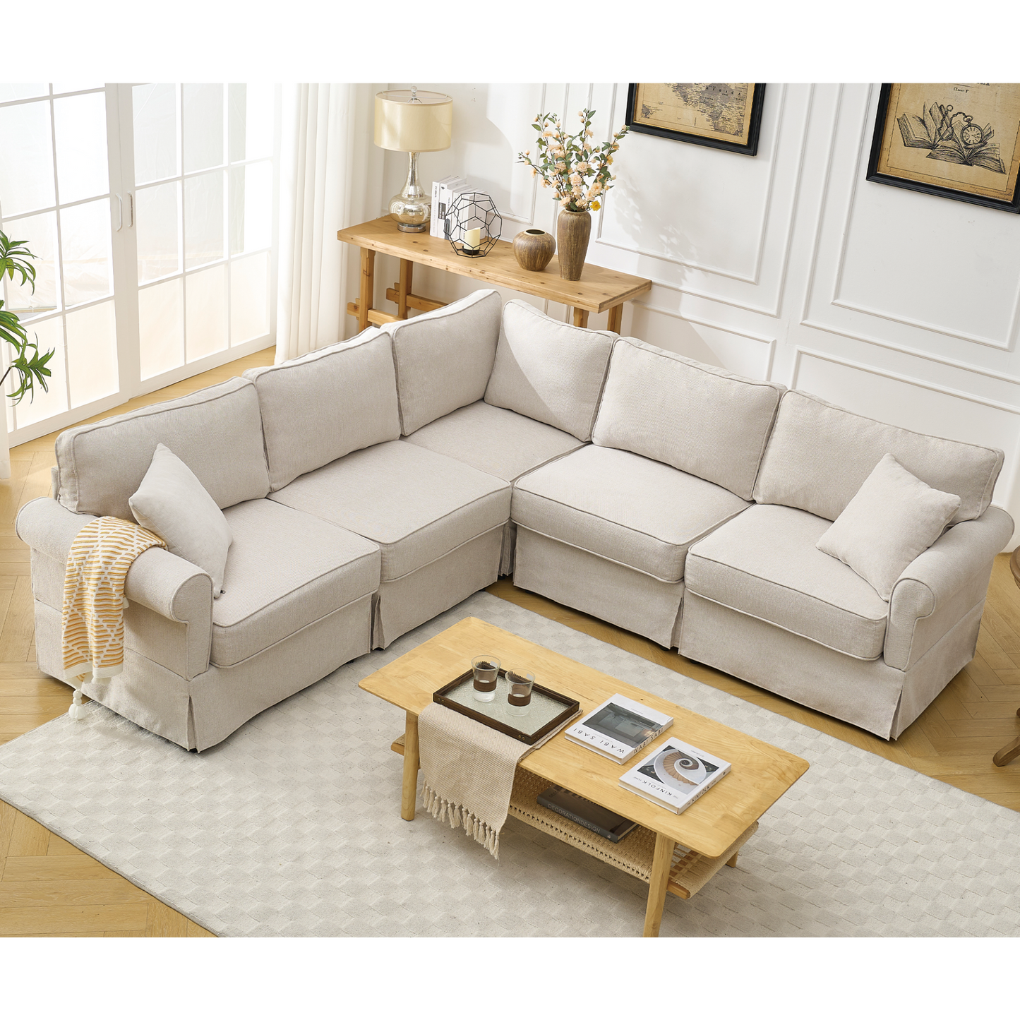 Modular Sectional Sofa Set,Convertible L Shaped Couch ,5 Seat,Reversible Sectional Sofa Couch,Upholstered,Corner Sofa,Rolled Arms,Soft Linen Fabric,  Beige