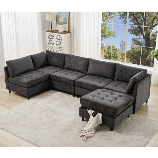 Modular Sectional Couch with Storage Ottoman, U Shaped Sofa, Storage Ottoman,Minimalist ,Convertible Modular Sofa,Chenille ,Upholstered,6 Seat,Living Room,  Dark  Gray