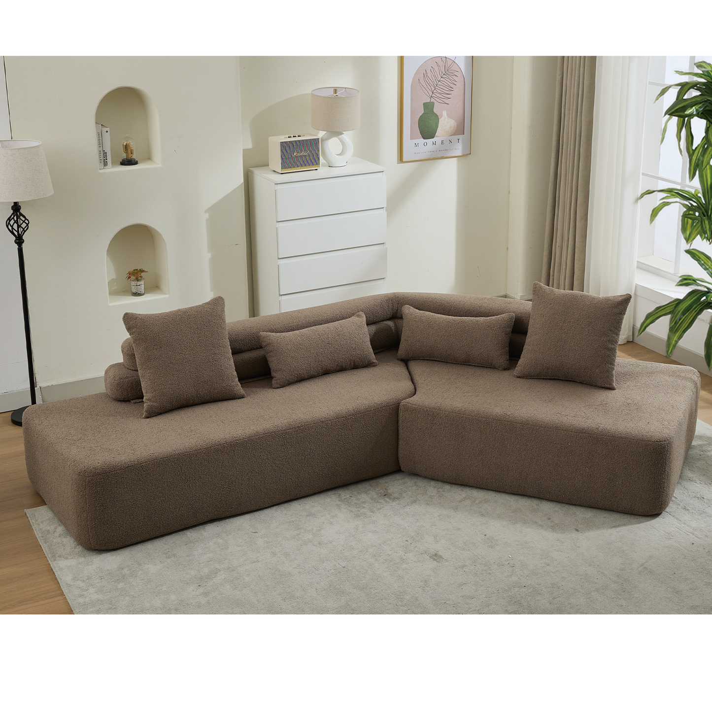 128"Minimalist Cloud Sectional Couch ,Modern Couches ,4-Seater ,No Assembly,Two modular sofa,Boucle Teddy Fabric, upholstered , anti-wrinkle fabric,Brown