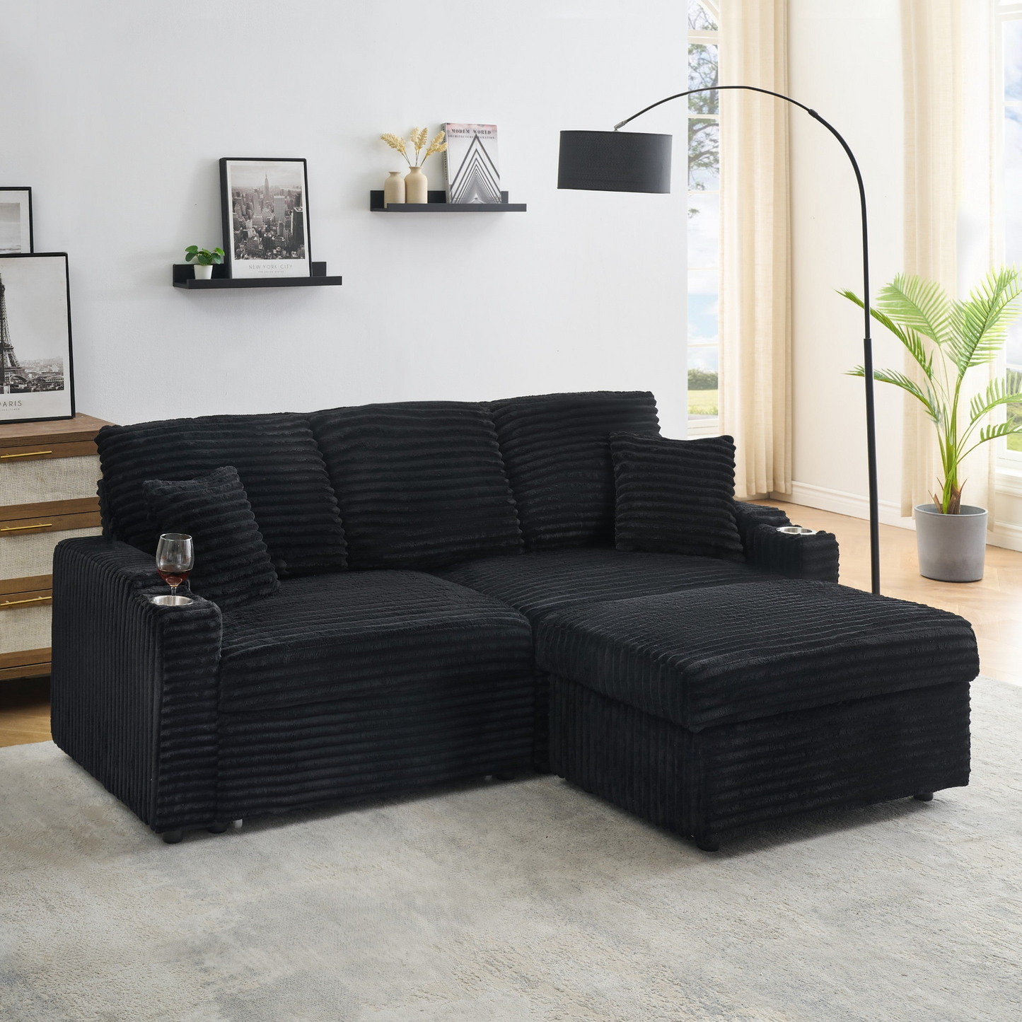 An 80-inch foldable and hidden chaise longue with cup holders, a footrest, storage function and the ability to be used as a bed, black corduroy sofa, which is suitable for the bedroom and living room.