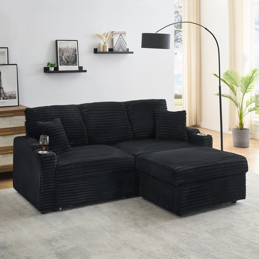 An 80-inch foldable and hidden chaise longue with cup holders, a footrest, storage function and the ability to be used as a bed, black corduroy sofa, which is suitable for the bedroom and living room.