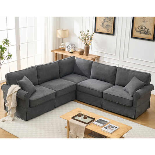 Modular Sectional Sofa Set,Convertible L Shaped Couch ,5 Seat,Reversible Sectional Sofa Couch,Upholstered,Corner Sofa,Rolled Arms,Soft Linen Fabric, Dark gray