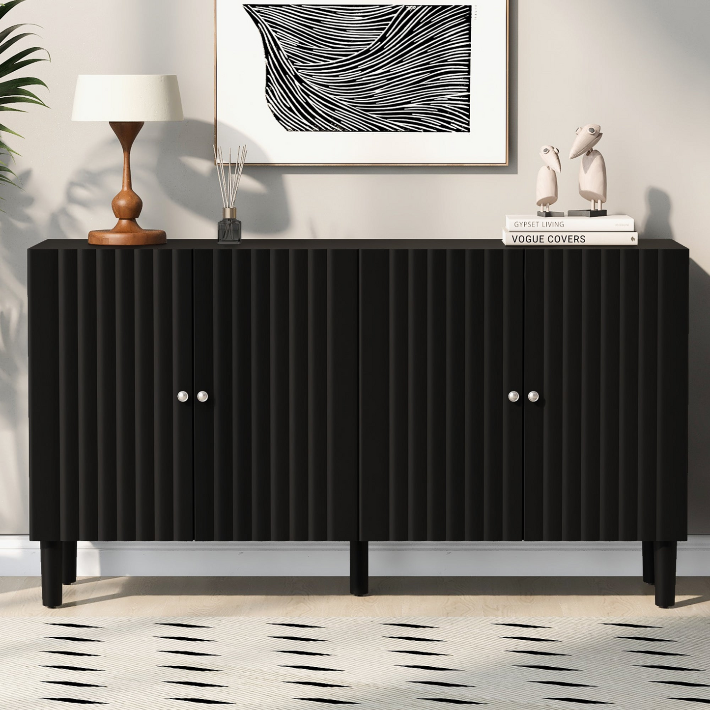 Elegant Four-Door Sideboard with Wavy Pattern Doors, Cylindrical Legs, and Sleek Metal Handles, Adjustable, Suitable for Study, Entryway and Living Room