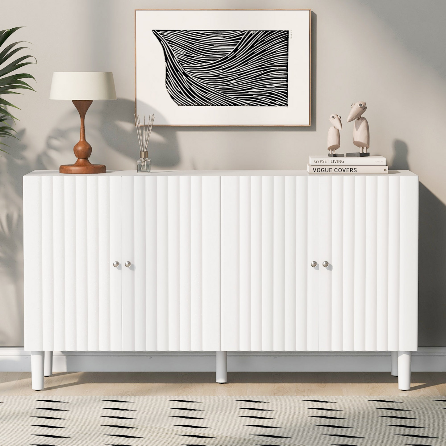Elegant Four-Door Sideboard with Wavy Pattern Doors, Cylindrical Legs, and Sleek Metal Handles, Adjustable, Suitable for Study, Entryway and Living Room