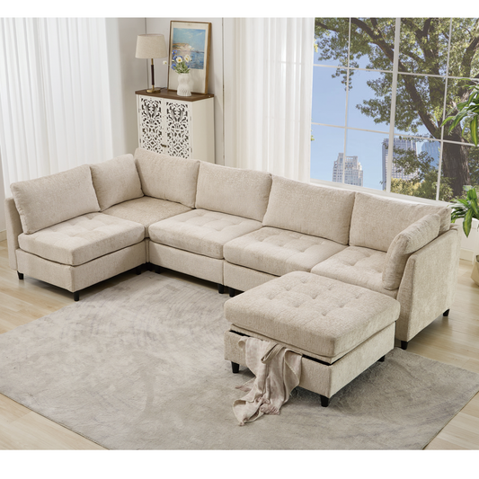 Modular Sectional Couch with Storage Ottoman, U Shaped Sofa, Storage Ottoman,Minimalist ,Convertible Modular Sofa,Chenille ,Upholstered,6 Seat,Living Room,  Beige