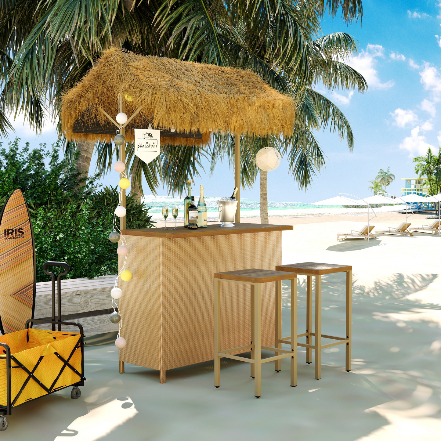 Hawaiian-style Bar Height Patio Set with PE Grass Canopy, Outdoor Bar Table and Stools with Adjustable Feet, Acacia Wood Top, for Dining and Drinking, Natural