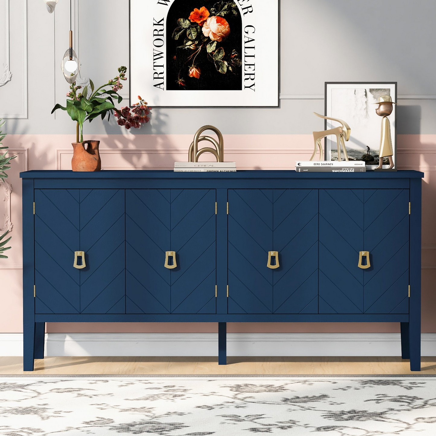 Four-Door Sideboard with Geometric Line Patterns and Vintage Metal Handles for Timeless Elegance,Suitable for Living Rooms, Entrance and Study Rooms