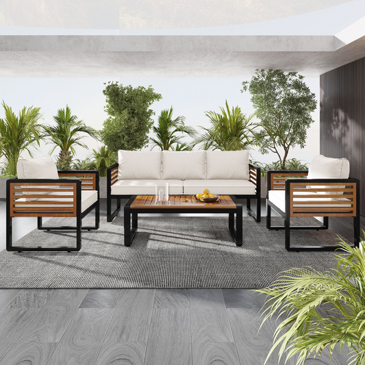 Large Size 4-pieces Outdoor Furniture sofa for 5 Person Conversation Set, Garden Sofa Set With Removable Cushion, Metal And Wood Frame Sofa set, Thick Cushions, Acacia Wood Tabletop, Beige