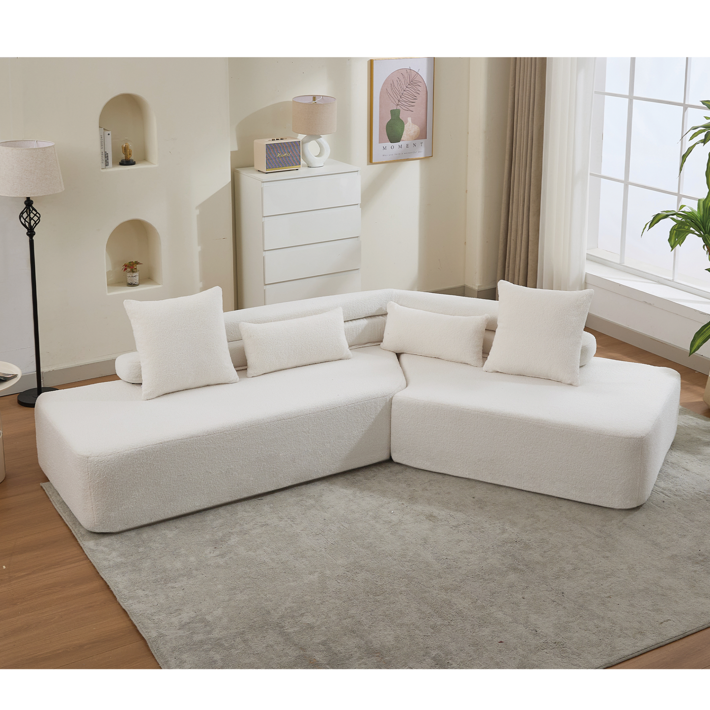128"Minimalist Cloud Sectional Couch ,Modern Couches ,4-Seater ,No Assembly,Two modular sofa,Boucle Teddy  Fabric, upholstered , anti-wrinkle fabric, Beige